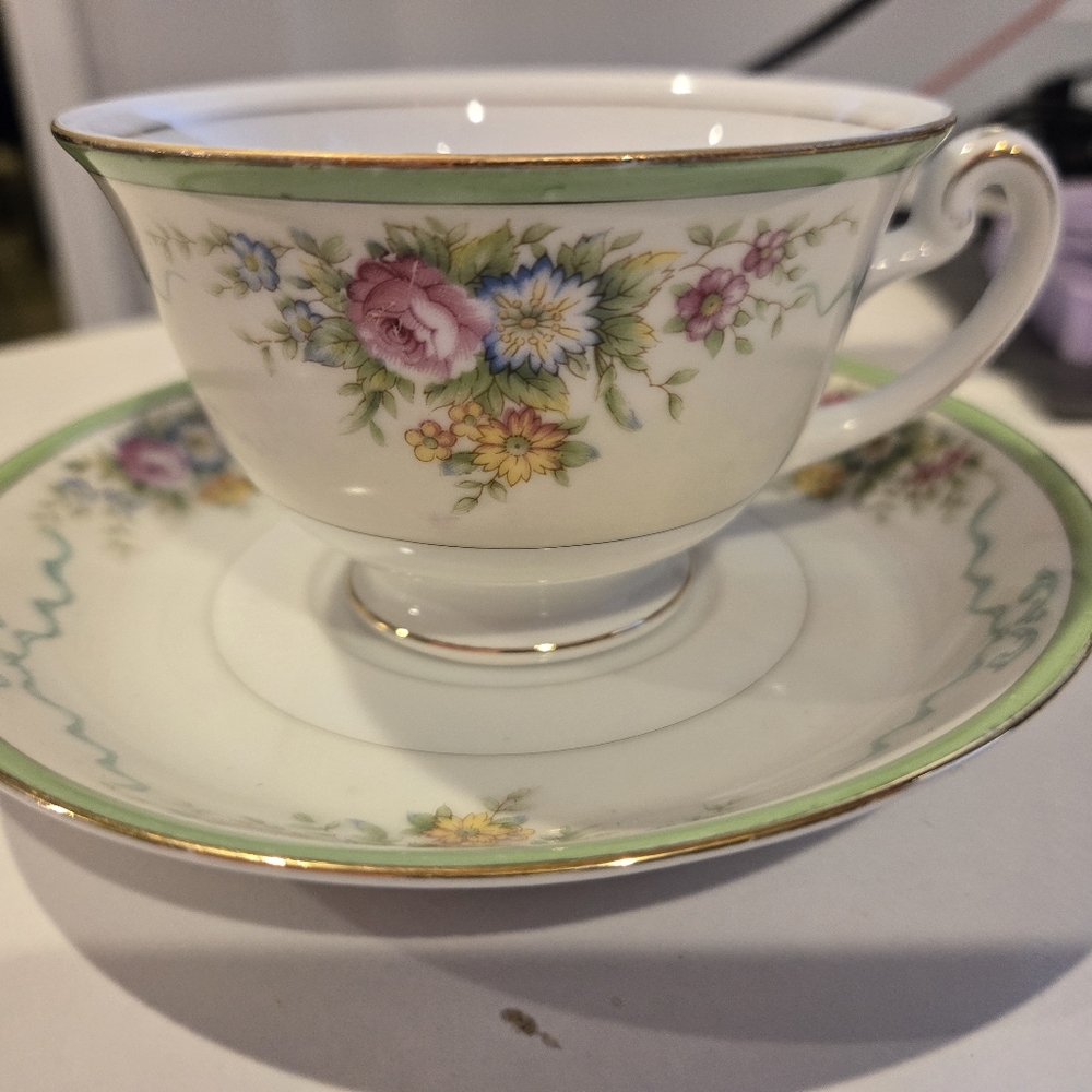 Floral Teacup and Saucer Set with Gold Trim
